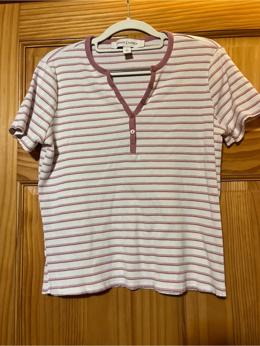 Vintage America White and Mauve Striped Short Sleeve Henley Tee